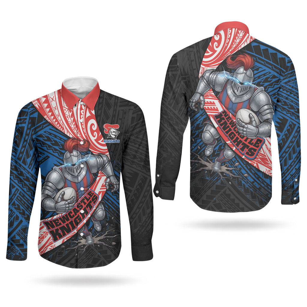 Newcastle Knights Rugby Couples Matching Long Sleeve Bodycon Dress and Long Sleeve Button Shirt Tribal Polynesian Power Art - Lightning Mascot