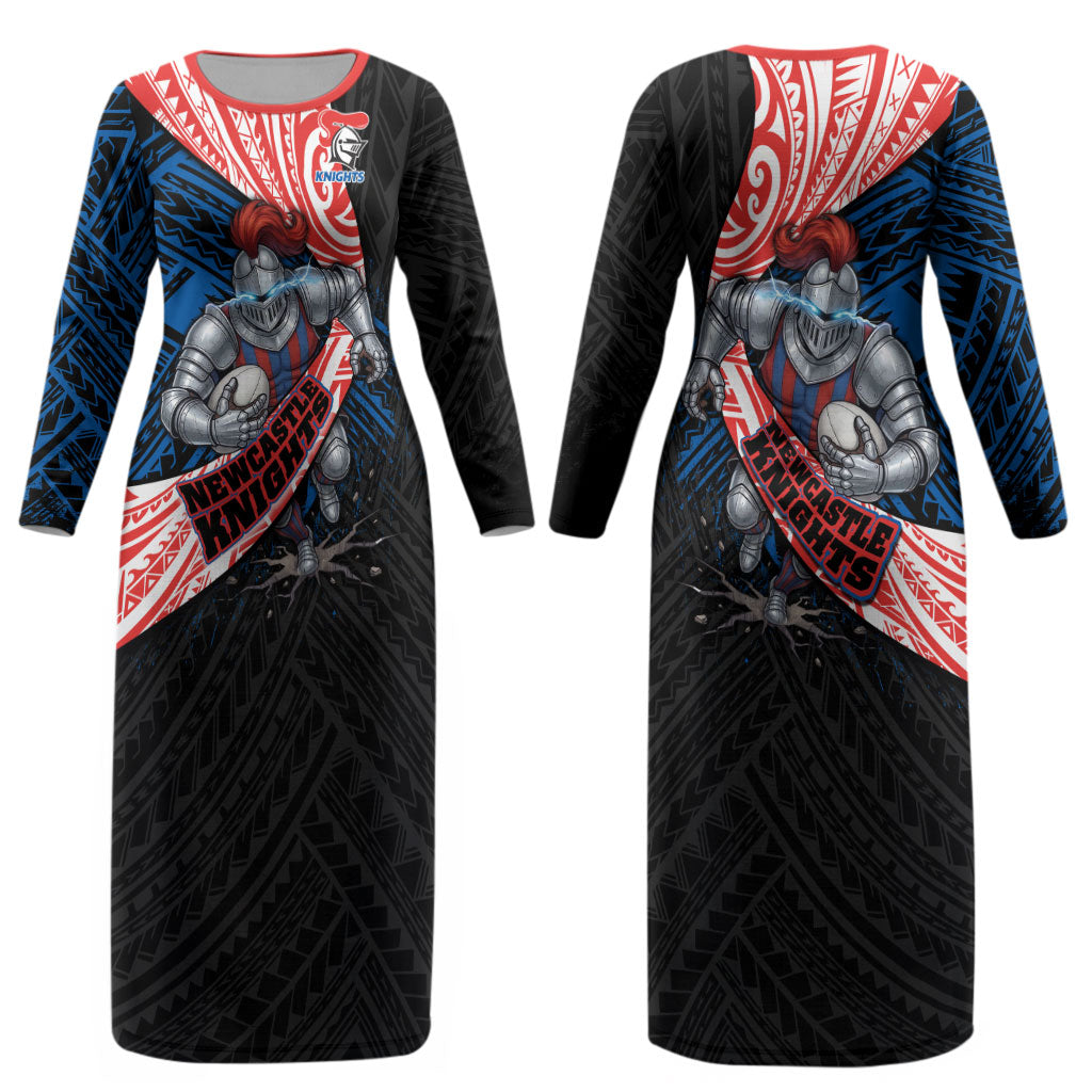Newcastle Knights Rugby Couples Matching Long Sleeve Bodycon Dress and Long Sleeve Button Shirt Tribal Polynesian Power Art - Lightning Mascot