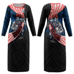 Newcastle Knights Rugby Couples Matching Long Sleeve Bodycon Dress and Long Sleeve Button Shirt Tribal Polynesian Power Art - Lightning Mascot