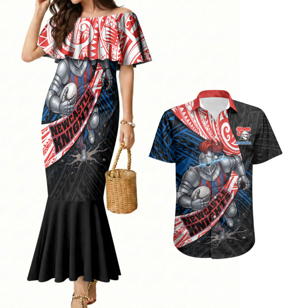 Newcastle Knights Rugby Couples Matching Mermaid Dress and Hawaiian Shirt Tribal Polynesian Power Art - Lightning Mascot