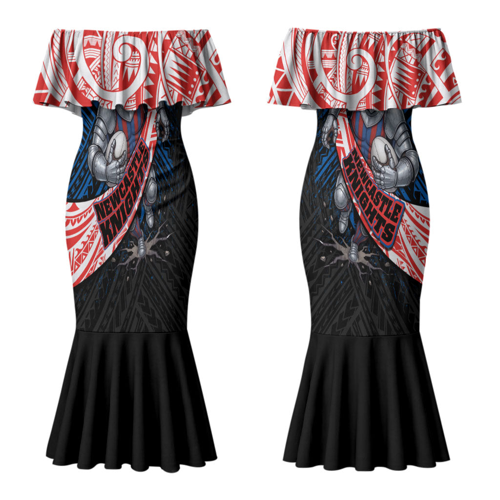 Newcastle Knights Rugby Couples Matching Mermaid Dress and Hawaiian Shirt Tribal Polynesian Power Art - Lightning Mascot