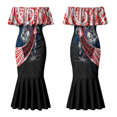 Newcastle Knights Rugby Couples Matching Mermaid Dress and Hawaiian Shirt Tribal Polynesian Power Art - Lightning Mascot