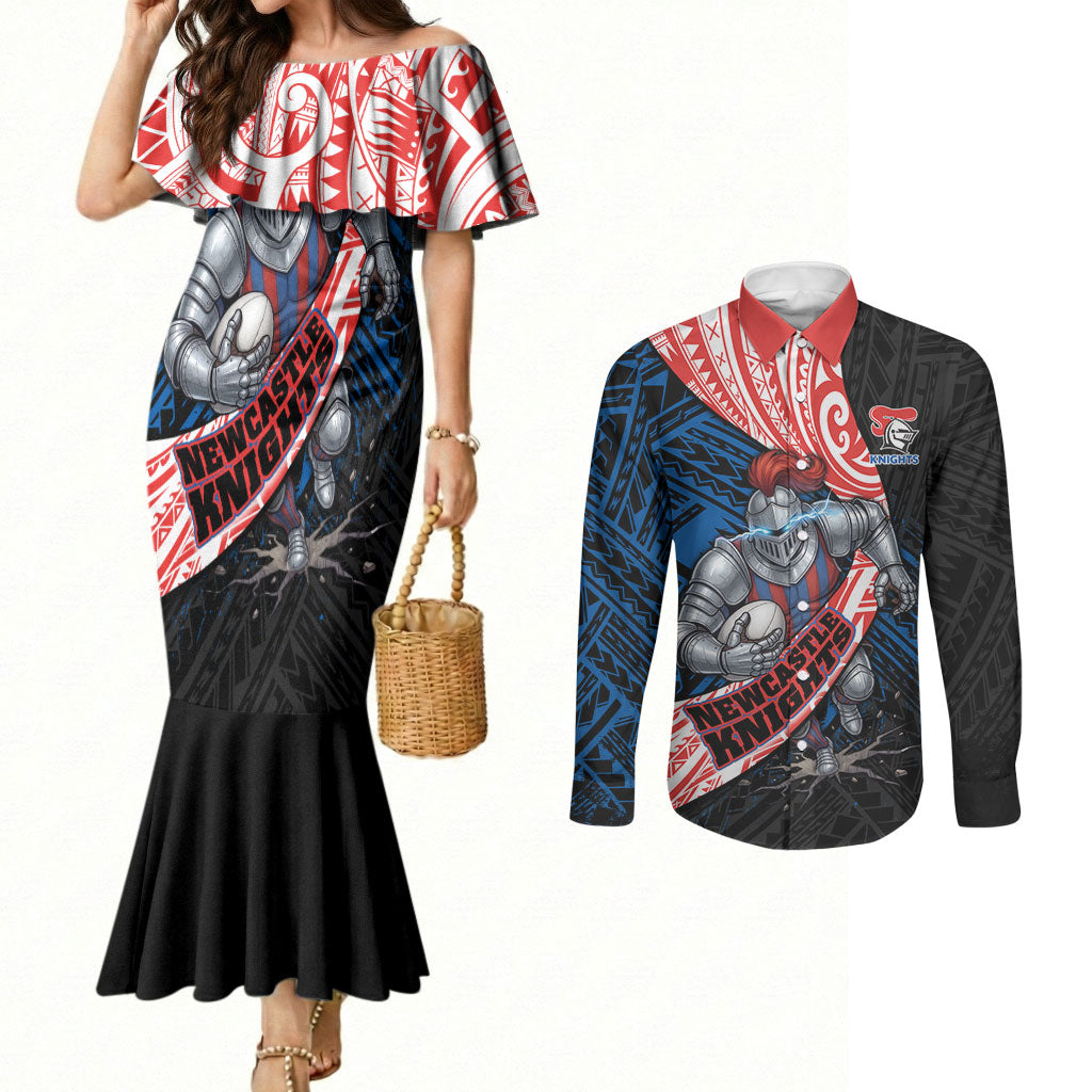 Newcastle Knights Rugby Couples Matching Mermaid Dress and Long Sleeve Button Shirt Tribal Polynesian Power Art - Lightning Mascot