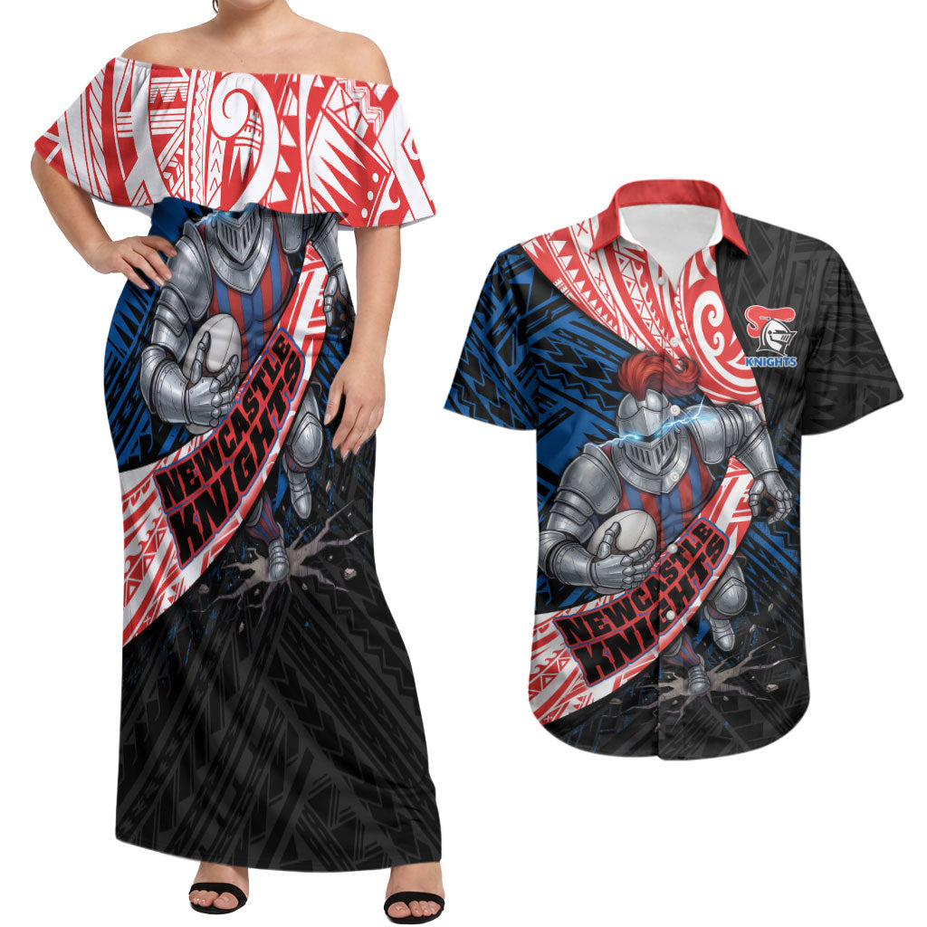 Newcastle Knights Rugby Couples Matching Off Shoulder Maxi Dress and Hawaiian Shirt Tribal Polynesian Power Art - Lightning Mascot