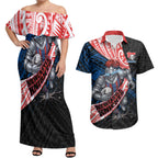 Newcastle Knights Rugby Couples Matching Off Shoulder Maxi Dress and Hawaiian Shirt Tribal Polynesian Power Art - Lightning Mascot