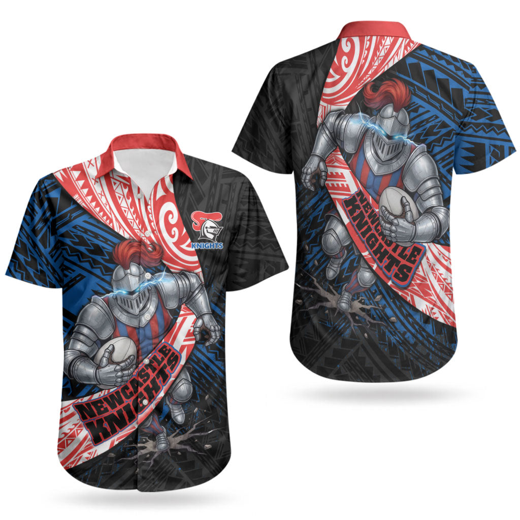 Newcastle Knights Rugby Couples Matching Off Shoulder Maxi Dress and Hawaiian Shirt Tribal Polynesian Power Art - Lightning Mascot