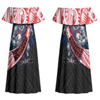 Newcastle Knights Rugby Couples Matching Off Shoulder Maxi Dress and Hawaiian Shirt Tribal Polynesian Power Art - Lightning Mascot