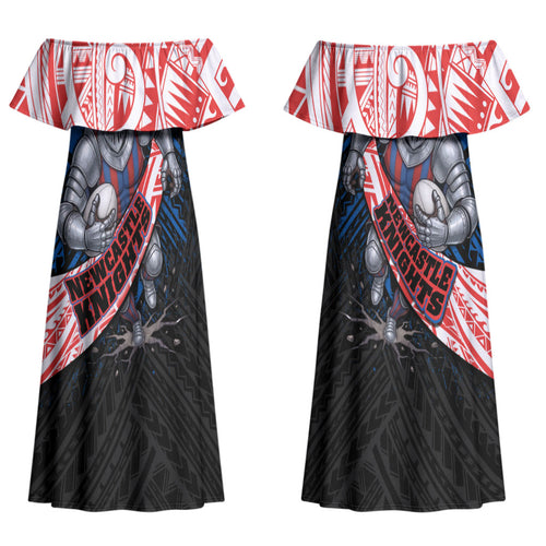 Newcastle Knights Rugby Couples Matching Off Shoulder Maxi Dress and Hawaiian Shirt Tribal Polynesian Power Art - Lightning Mascot