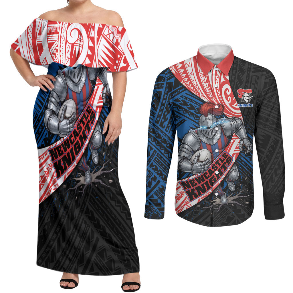 Newcastle Knights Rugby Couples Matching Off Shoulder Maxi Dress and Long Sleeve Button Shirt Tribal Polynesian Power Art - Lightning Mascot