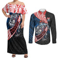 Newcastle Knights Rugby Couples Matching Off Shoulder Maxi Dress and Long Sleeve Button Shirt Tribal Polynesian Power Art - Lightning Mascot