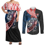Newcastle Knights Rugby Couples Matching Off Shoulder Maxi Dress and Long Sleeve Button Shirt Tribal Polynesian Power Art - Lightning Mascot