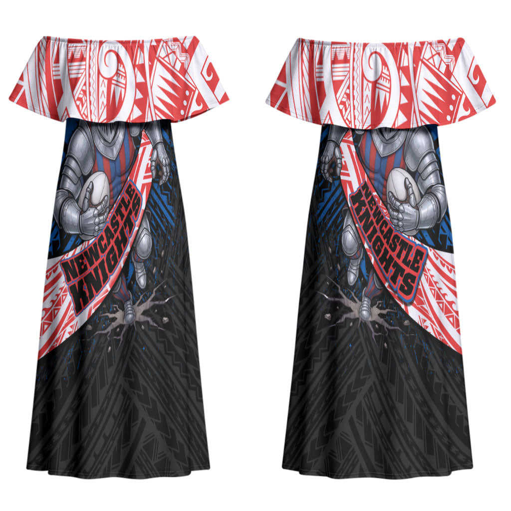 Newcastle Knights Rugby Couples Matching Off Shoulder Maxi Dress and Long Sleeve Button Shirt Tribal Polynesian Power Art - Lightning Mascot