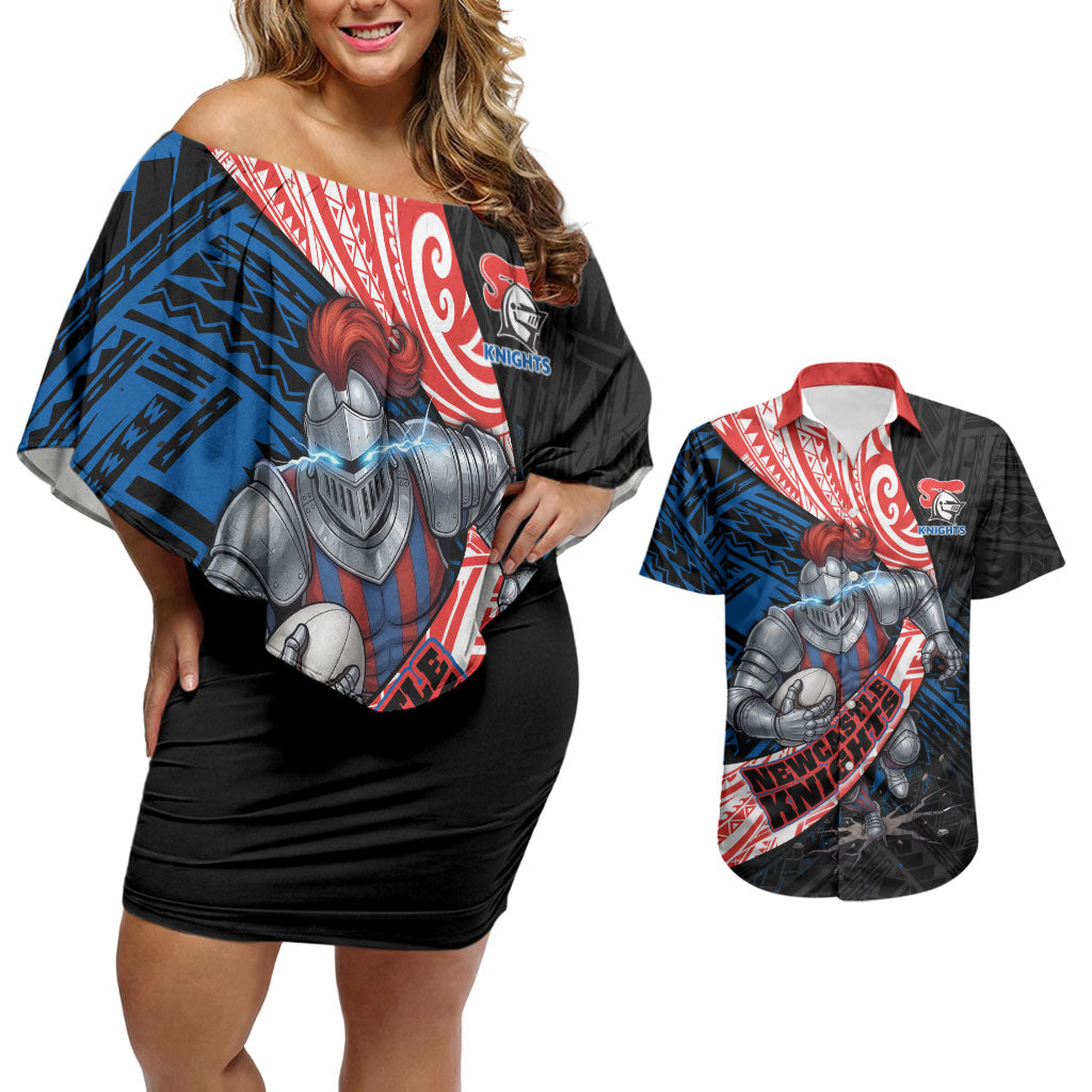 Newcastle Knights Rugby Couples Matching Off Shoulder Short Dress and Hawaiian Shirt Tribal Polynesian Power Art - Lightning Mascot