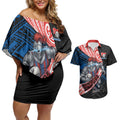Newcastle Knights Rugby Couples Matching Off Shoulder Short Dress and Hawaiian Shirt Tribal Polynesian Power Art - Lightning Mascot