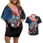 Newcastle Knights Rugby Couples Matching Off Shoulder Short Dress and Hawaiian Shirt Tribal Polynesian Power Art - Lightning Mascot