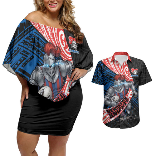 Newcastle Knights Rugby Couples Matching Off Shoulder Short Dress and Hawaiian Shirt Tribal Polynesian Power Art - Lightning Mascot