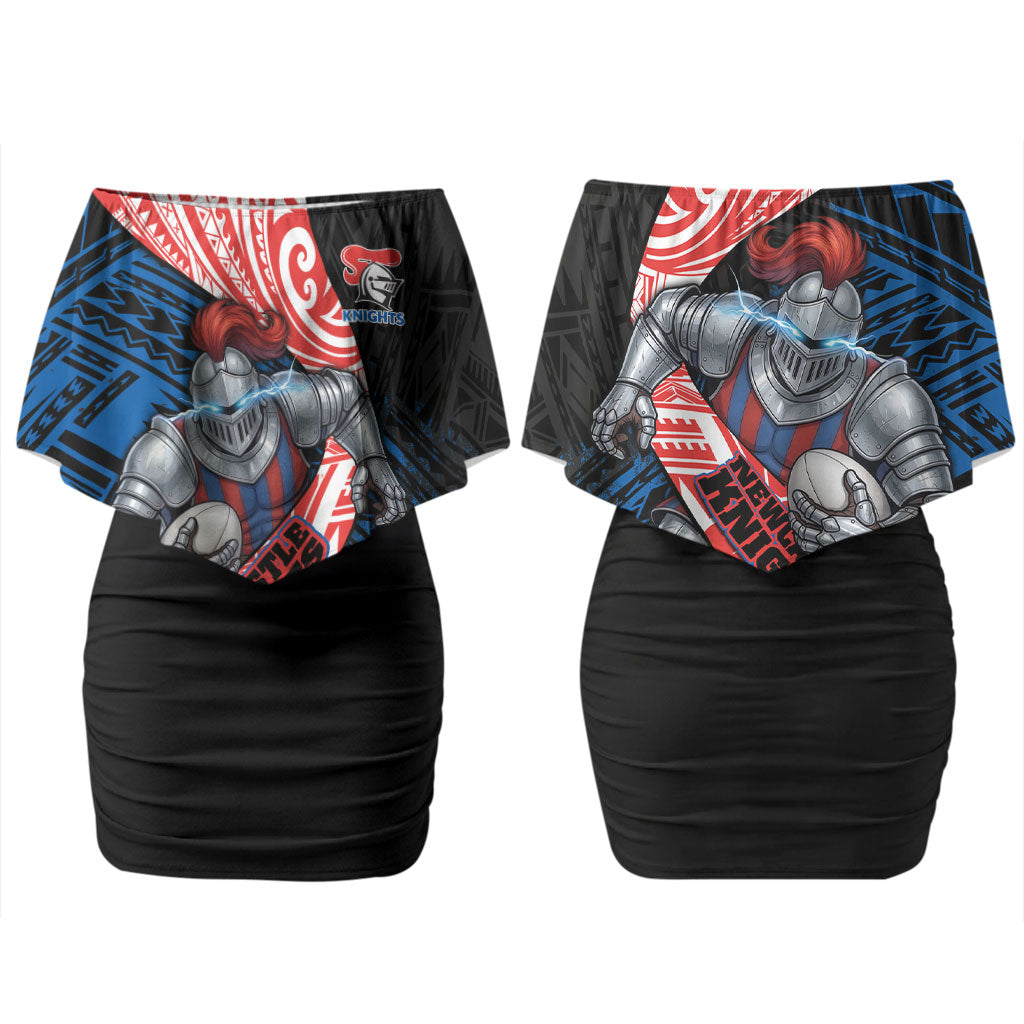 Newcastle Knights Rugby Couples Matching Off Shoulder Short Dress and Hawaiian Shirt Tribal Polynesian Power Art - Lightning Mascot