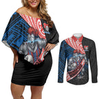 Newcastle Knights Rugby Couples Matching Off Shoulder Short Dress and Long Sleeve Button Shirt Tribal Polynesian Power Art - Lightning Mascot