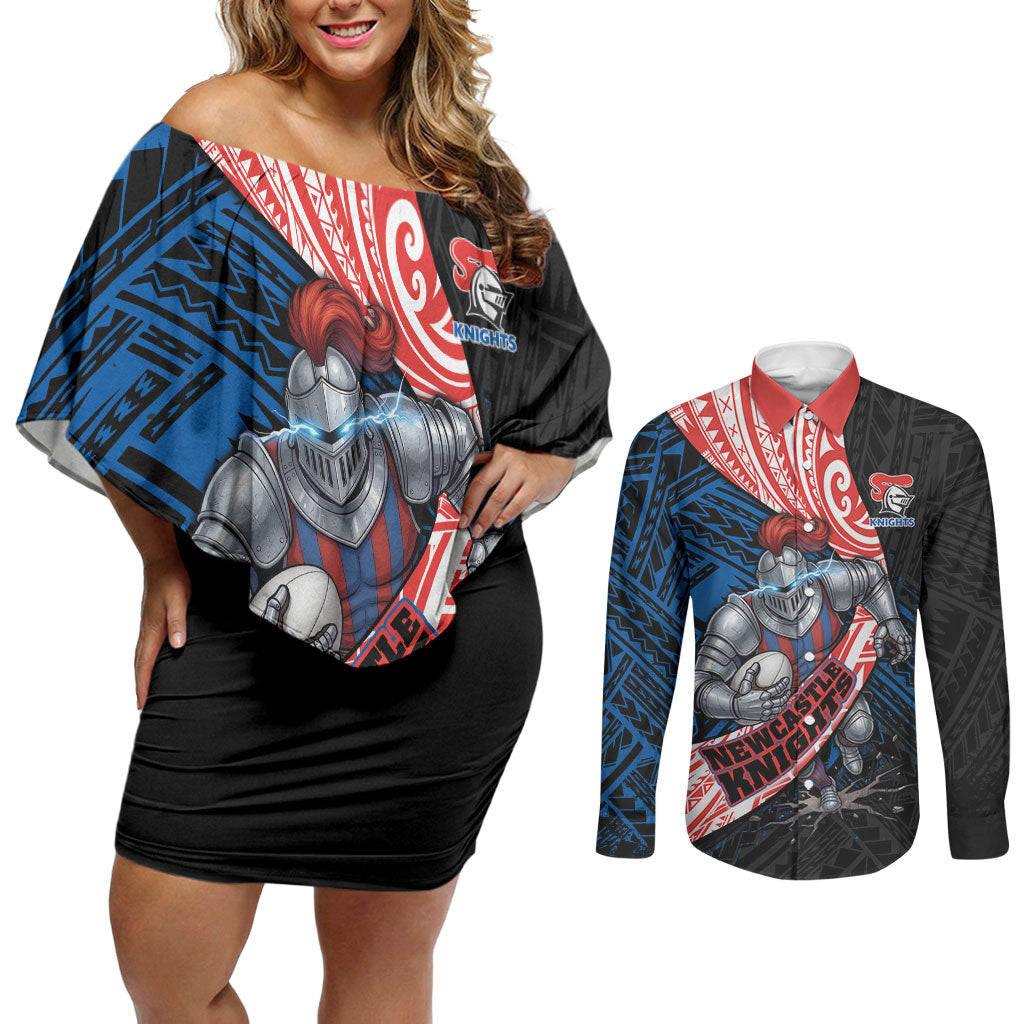 Newcastle Knights Rugby Couples Matching Off Shoulder Short Dress and Long Sleeve Button Shirt Tribal Polynesian Power Art - Lightning Mascot