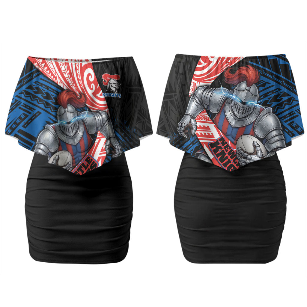 Newcastle Knights Rugby Couples Matching Off Shoulder Short Dress and Long Sleeve Button Shirt Tribal Polynesian Power Art - Lightning Mascot