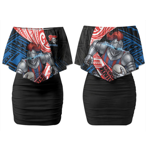 Newcastle Knights Rugby Couples Matching Off Shoulder Short Dress and Long Sleeve Button Shirt Tribal Polynesian Power Art - Lightning Mascot