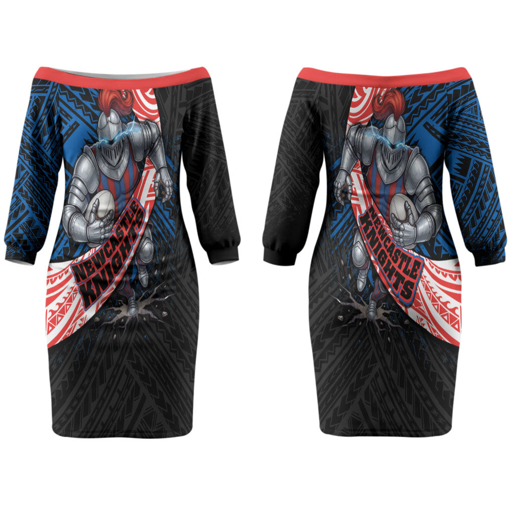 Newcastle Knights Rugby Couples Matching Off The Shoulder Long Sleeve Dress and Hawaiian Shirt Tribal Polynesian Power Art - Lightning Mascot