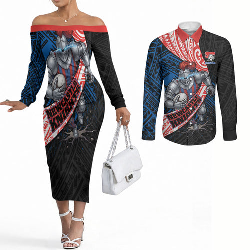 Newcastle Knights Rugby Couples Matching Off The Shoulder Long Sleeve Dress and Long Sleeve Button Shirt Tribal Polynesian Power Art - Lightning Mascot