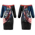 Newcastle Knights Rugby Couples Matching Off The Shoulder Long Sleeve Dress and Long Sleeve Button Shirt Tribal Polynesian Power Art - Lightning Mascot