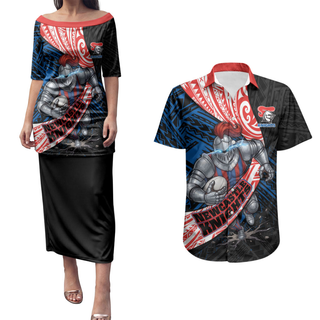 Newcastle Knights Rugby Couples Matching Puletasi and Hawaiian Shirt Tribal Polynesian Power Art - Lightning Mascot