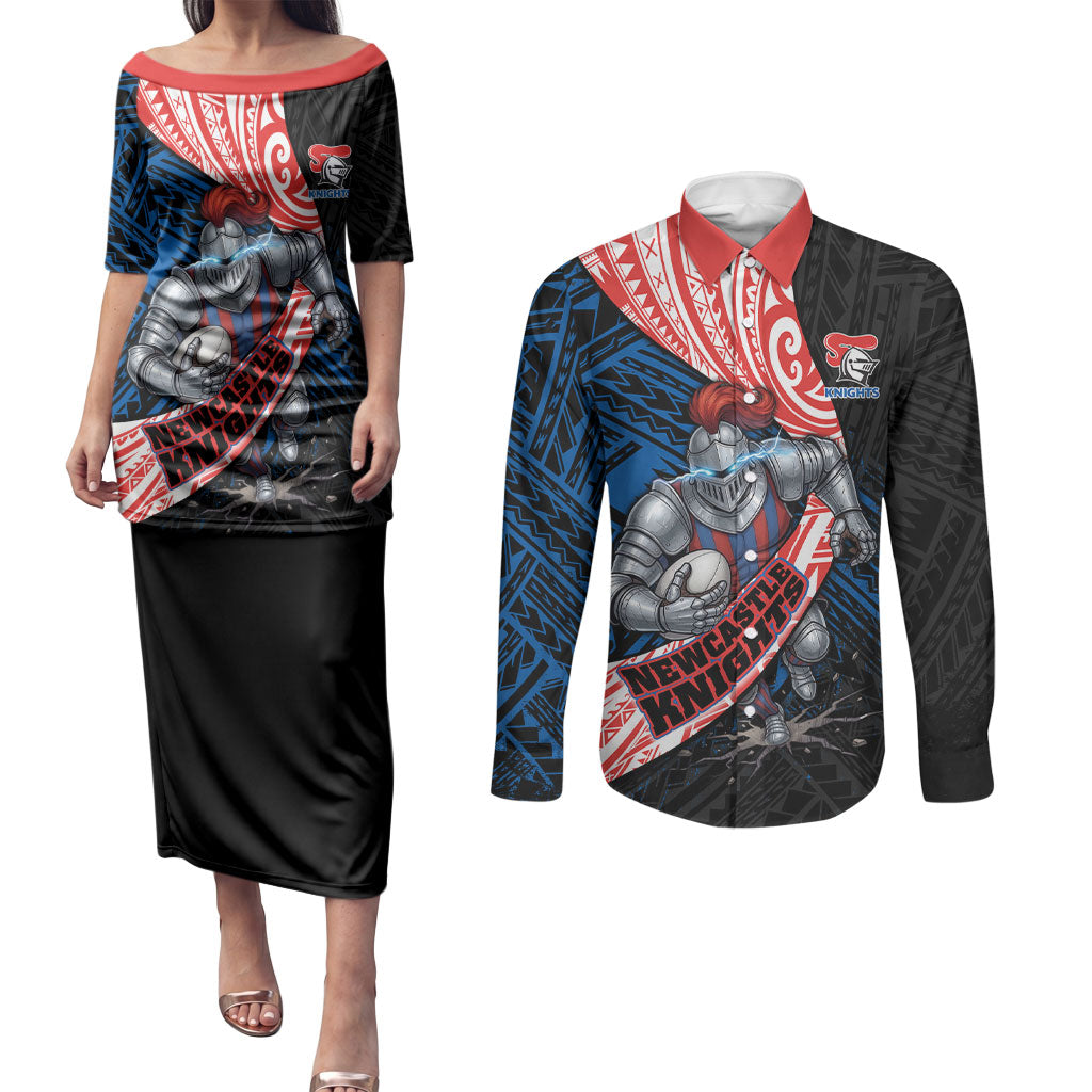 Newcastle Knights Rugby Couples Matching Puletasi and Long Sleeve Button Shirt Tribal Polynesian Power Art - Lightning Mascot