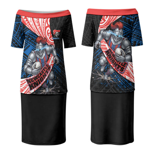 Newcastle Knights Rugby Couples Matching Puletasi and Long Sleeve Button Shirt Tribal Polynesian Power Art - Lightning Mascot
