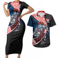 Newcastle Knights Rugby Couples Matching Short Sleeve Bodycon Dress and Hawaiian Shirt Tribal Polynesian Power Art - Lightning Mascot