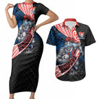 Newcastle Knights Rugby Couples Matching Short Sleeve Bodycon Dress and Hawaiian Shirt Tribal Polynesian Power Art - Lightning Mascot