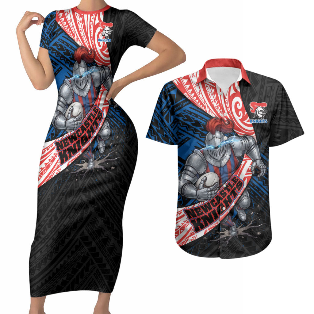 Newcastle Knights Rugby Couples Matching Short Sleeve Bodycon Dress and Hawaiian Shirt Tribal Polynesian Power Art - Lightning Mascot