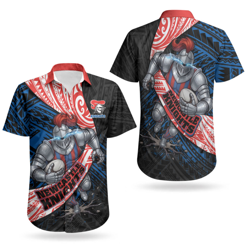Newcastle Knights Rugby Couples Matching Short Sleeve Bodycon Dress and Hawaiian Shirt Tribal Polynesian Power Art - Lightning Mascot