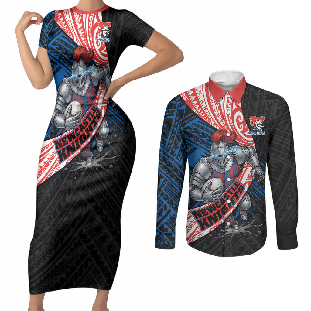 Newcastle Knights Rugby Couples Matching Short Sleeve Bodycon Dress and Long Sleeve Button Shirt Tribal Polynesian Power Art - Lightning Mascot