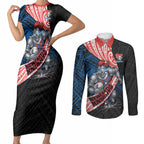 Newcastle Knights Rugby Couples Matching Short Sleeve Bodycon Dress and Long Sleeve Button Shirt Tribal Polynesian Power Art - Lightning Mascot