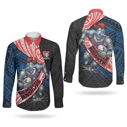 Newcastle Knights Rugby Couples Matching Short Sleeve Bodycon Dress and Long Sleeve Button Shirt Tribal Polynesian Power Art - Lightning Mascot