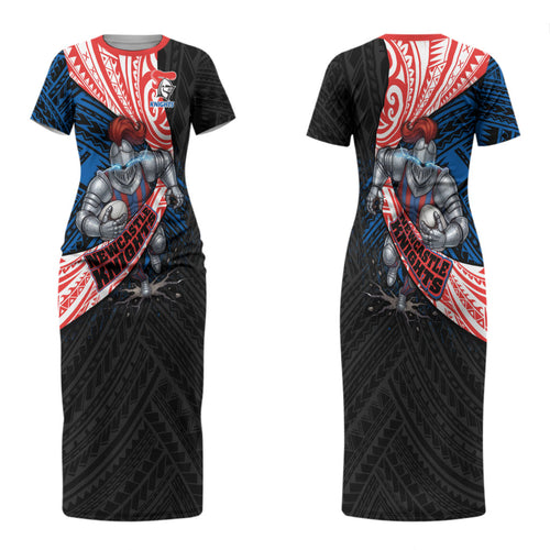 Newcastle Knights Rugby Couples Matching Short Sleeve Bodycon Dress and Long Sleeve Button Shirt Tribal Polynesian Power Art - Lightning Mascot