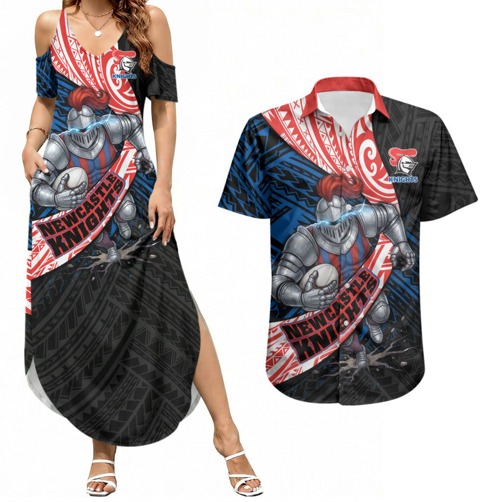 Newcastle Knights Rugby Couples Matching Summer Maxi Dress and Hawaiian Shirt Tribal Polynesian Power Art - Lightning Mascot