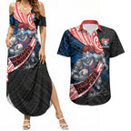 Newcastle Knights Rugby Couples Matching Summer Maxi Dress and Hawaiian Shirt Tribal Polynesian Power Art - Lightning Mascot