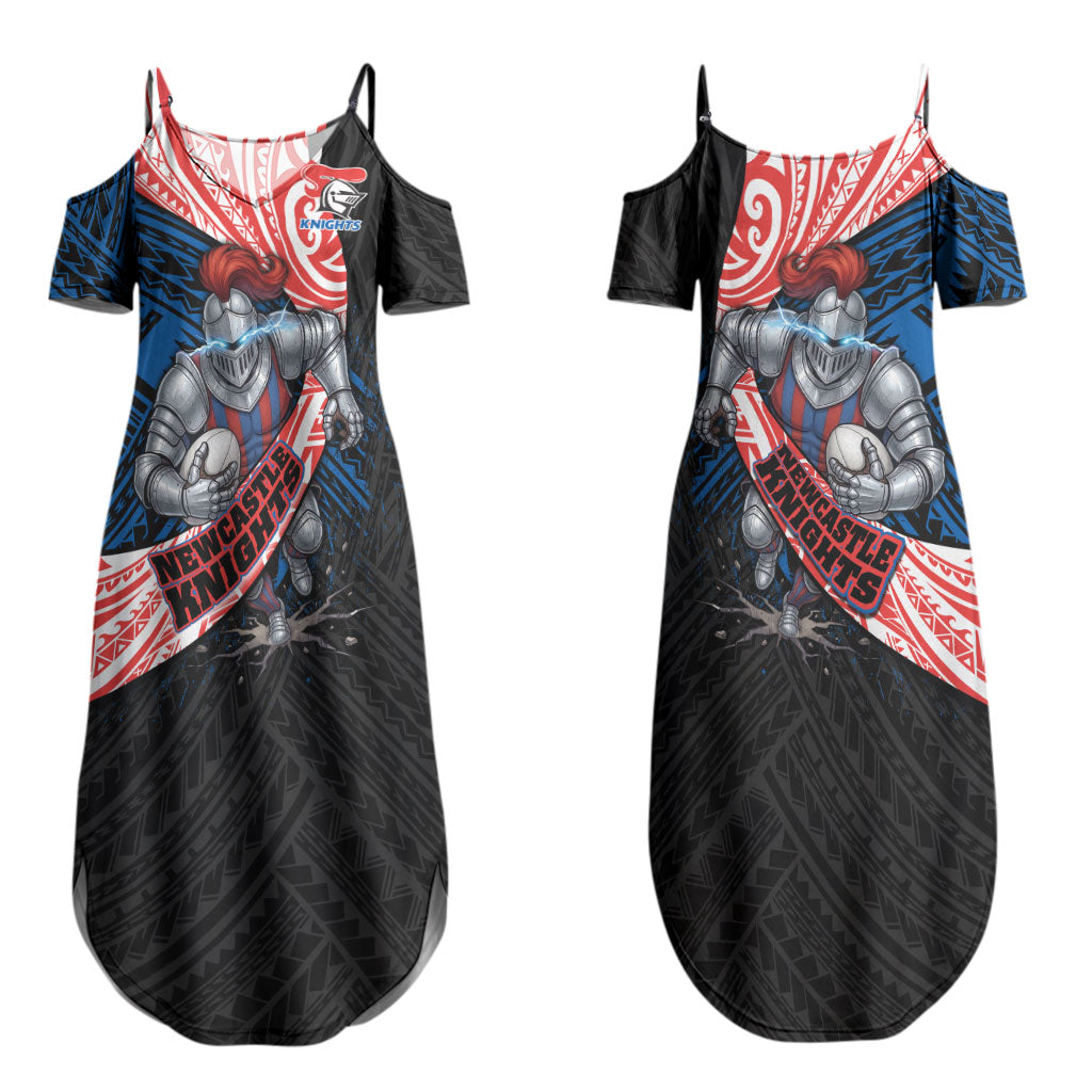 Newcastle Knights Rugby Couples Matching Summer Maxi Dress and Hawaiian Shirt Tribal Polynesian Power Art - Lightning Mascot