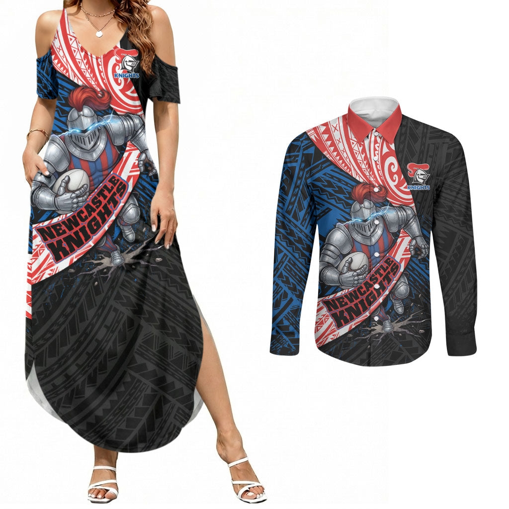 Newcastle Knights Rugby Couples Matching Summer Maxi Dress and Long Sleeve Button Shirt Tribal Polynesian Power Art - Lightning Mascot
