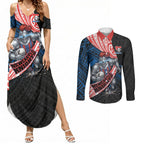 Newcastle Knights Rugby Couples Matching Summer Maxi Dress and Long Sleeve Button Shirt Tribal Polynesian Power Art - Lightning Mascot