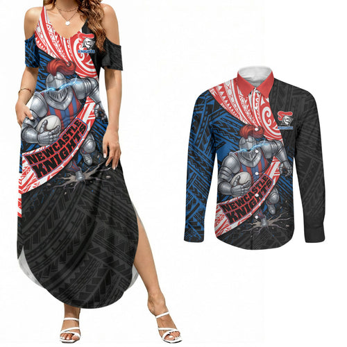 Newcastle Knights Rugby Couples Matching Summer Maxi Dress and Long Sleeve Button Shirt Tribal Polynesian Power Art - Lightning Mascot