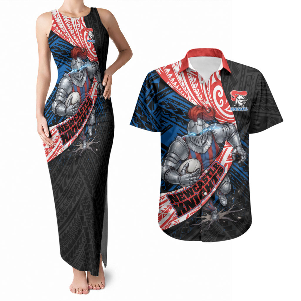 Newcastle Knights Rugby Couples Matching Tank Maxi Dress and Hawaiian Shirt Tribal Polynesian Power Art - Lightning Mascot