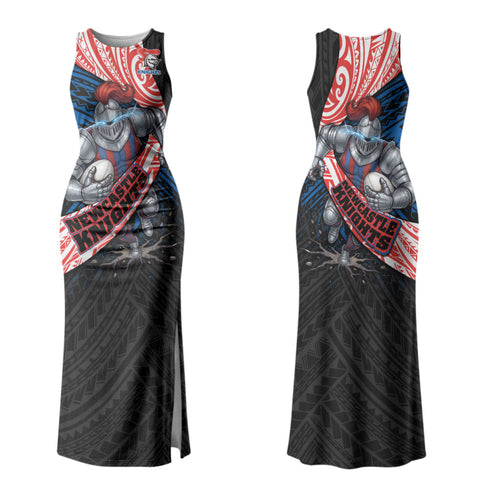 Newcastle Knights Rugby Couples Matching Tank Maxi Dress and Hawaiian Shirt Tribal Polynesian Power Art - Lightning Mascot