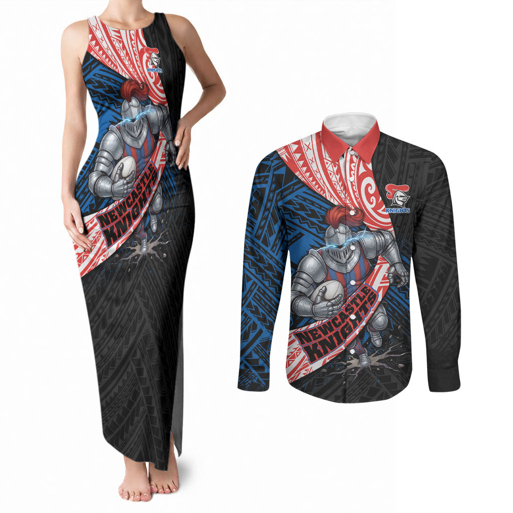 Newcastle Knights Rugby Couples Matching Tank Maxi Dress and Long Sleeve Button Shirt Tribal Polynesian Power Art - Lightning Mascot