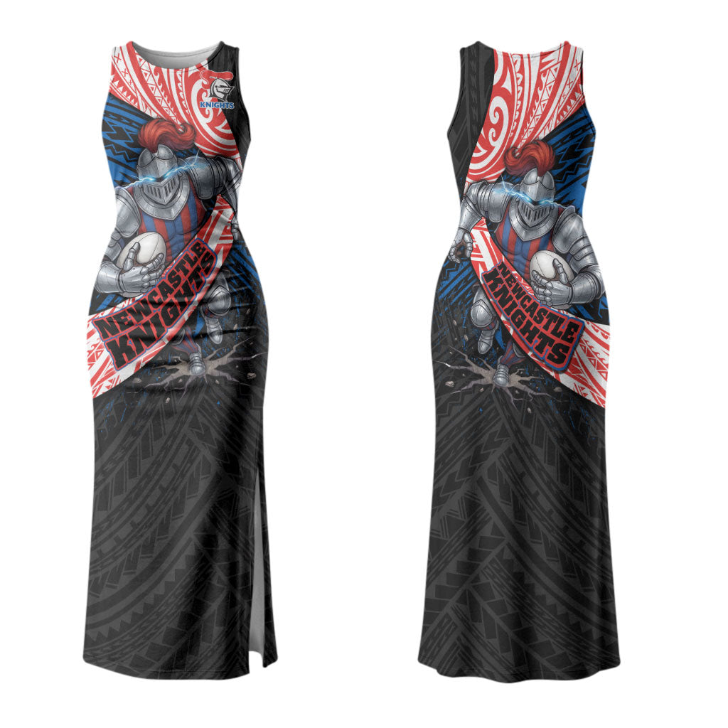 Newcastle Knights Rugby Couples Matching Tank Maxi Dress and Long Sleeve Button Shirt Tribal Polynesian Power Art - Lightning Mascot