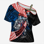Newcastle Knights Rugby Cross Shoulder Shirt Tribal Polynesian Power Art - Lightning Mascot